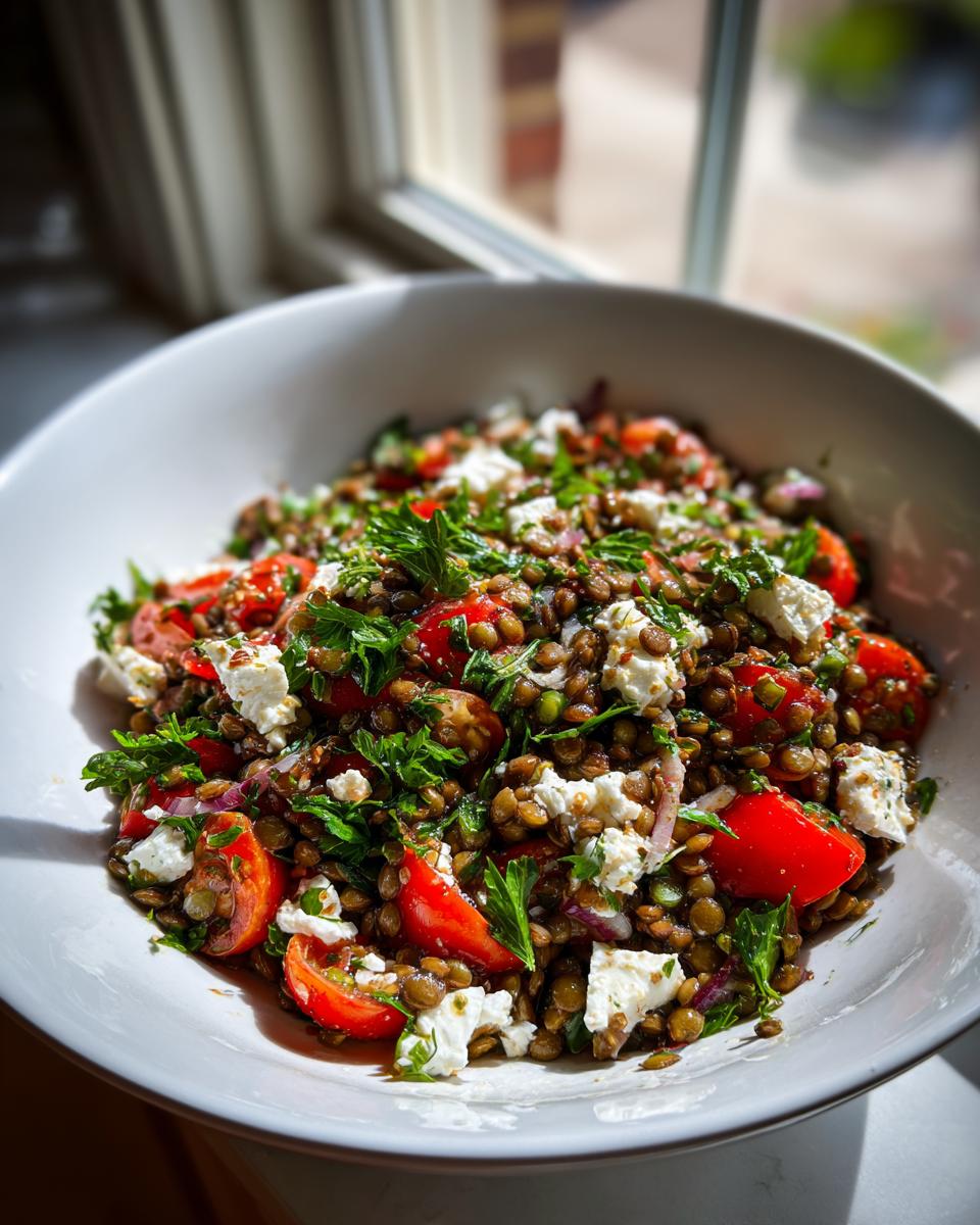 A vibrant bowl of homemade lentil salad mixed with cherry tomatoes, feta cheese, and fresh parsley.