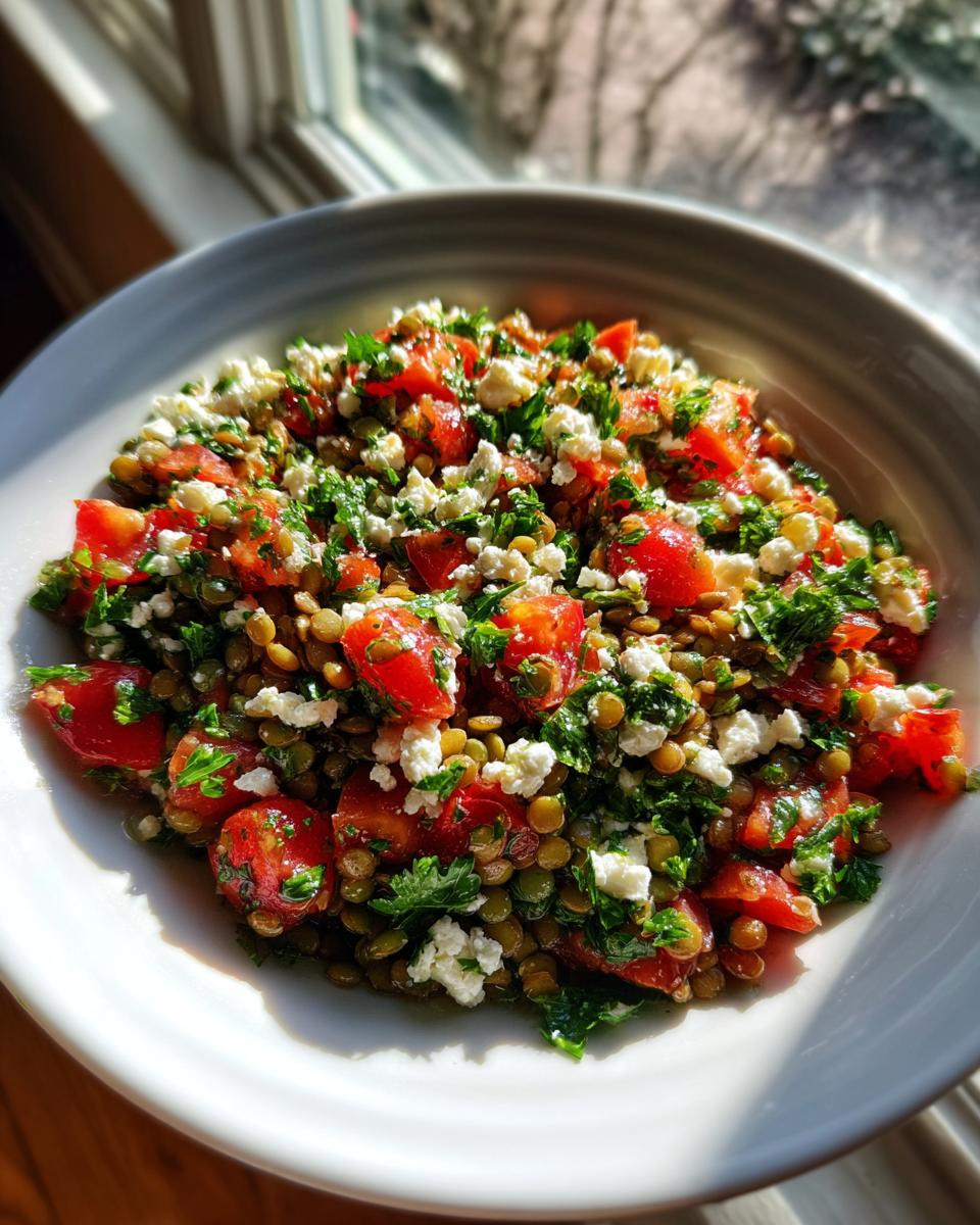 A bright bowl of fresh lentil salad mixed with diced red tomatoes, crumbled white feta cheese, and chopped green parsley.