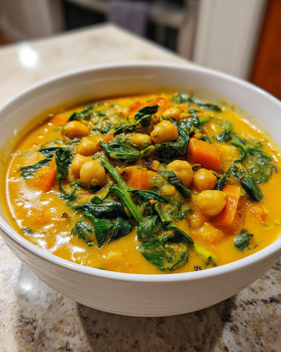 A close-up of a white bowl filled with vibrant orange pumpkin curry, featuring chickpeas and wilted spinach.