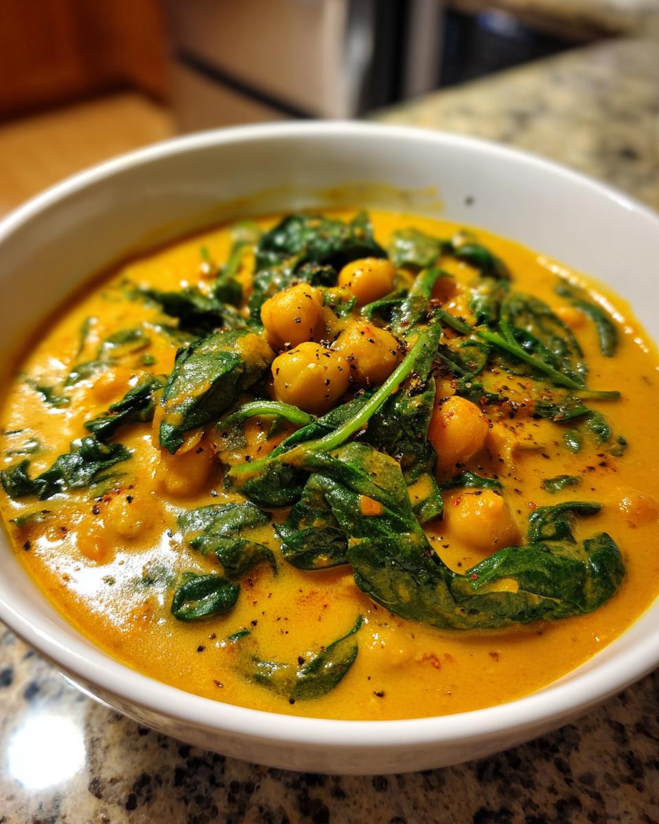 A close-up of a vibrant orange pumpkin curry bowl topped with chickpeas, wilted spinach, and black pepper.