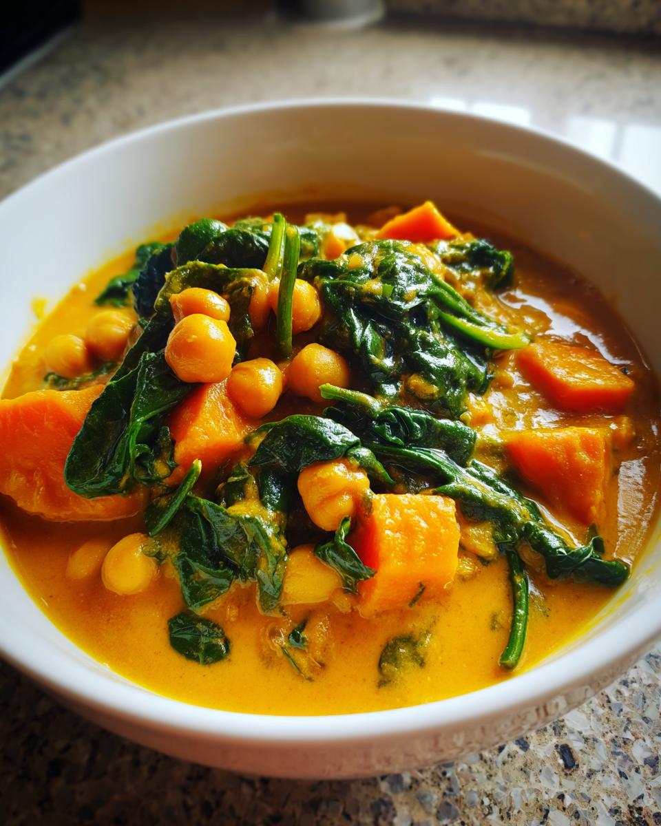 Close-up of a rich, orange pumpkin curry featuring chunks of sweet potato, chickpeas, and wilted spinach in a white bowl.