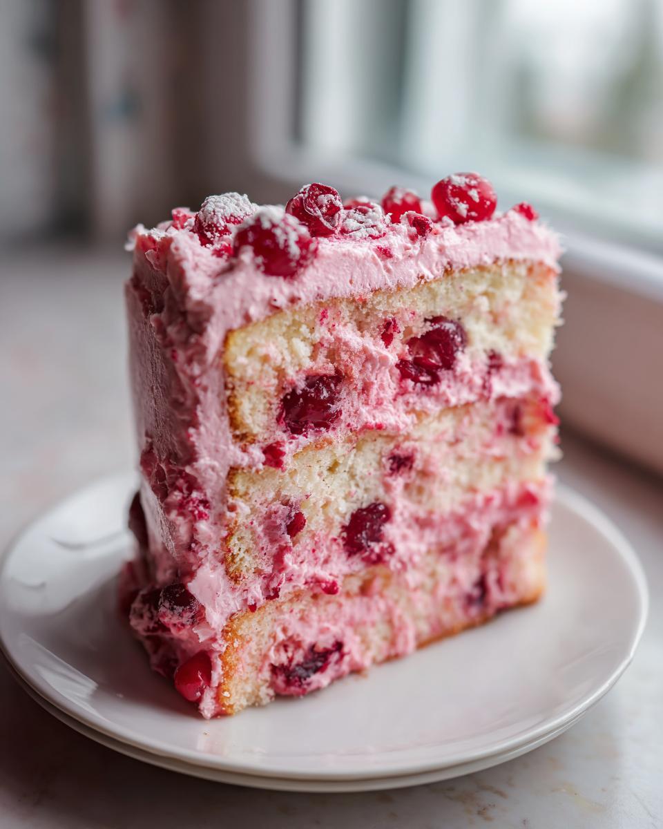 A tall slice of vintage cherry cake featuring layers of light sponge, pink cherry filling, and topped with fresh cherries and powdered sugar.