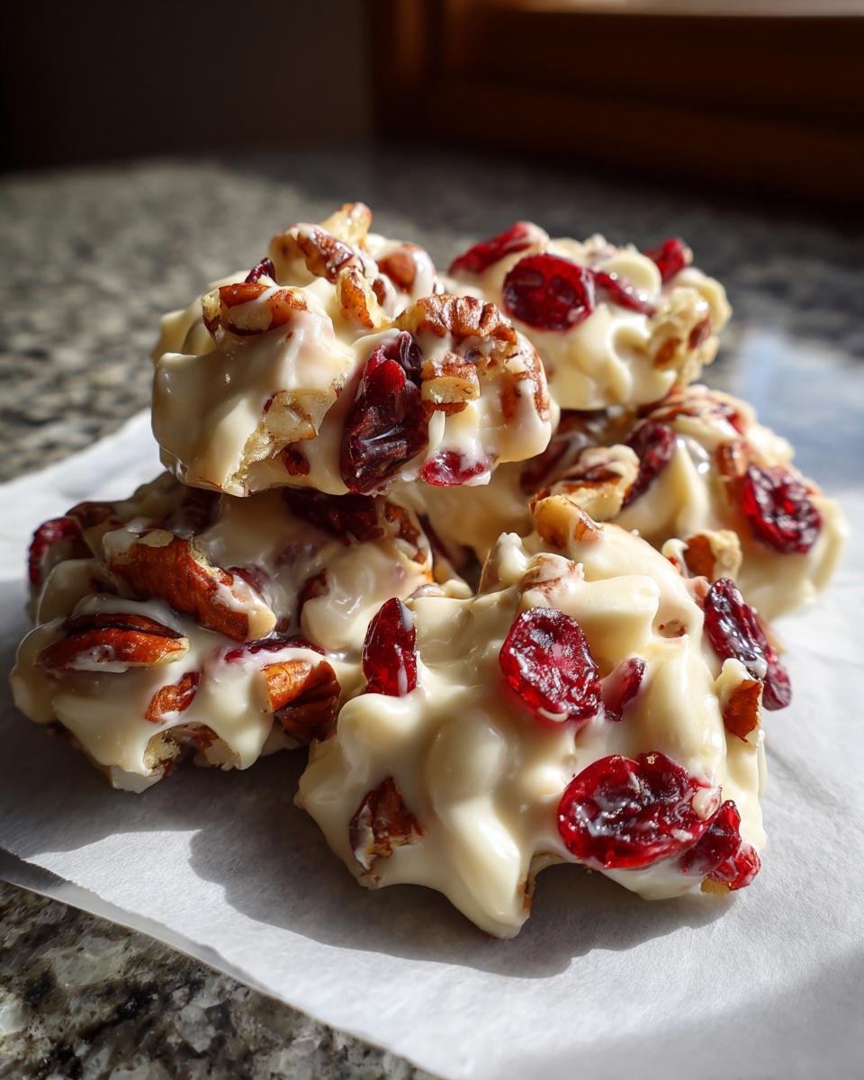 A stack of delicious White chocolate cranberry pecan clusters featuring pecans and dried cranberries coated in white chocolate.