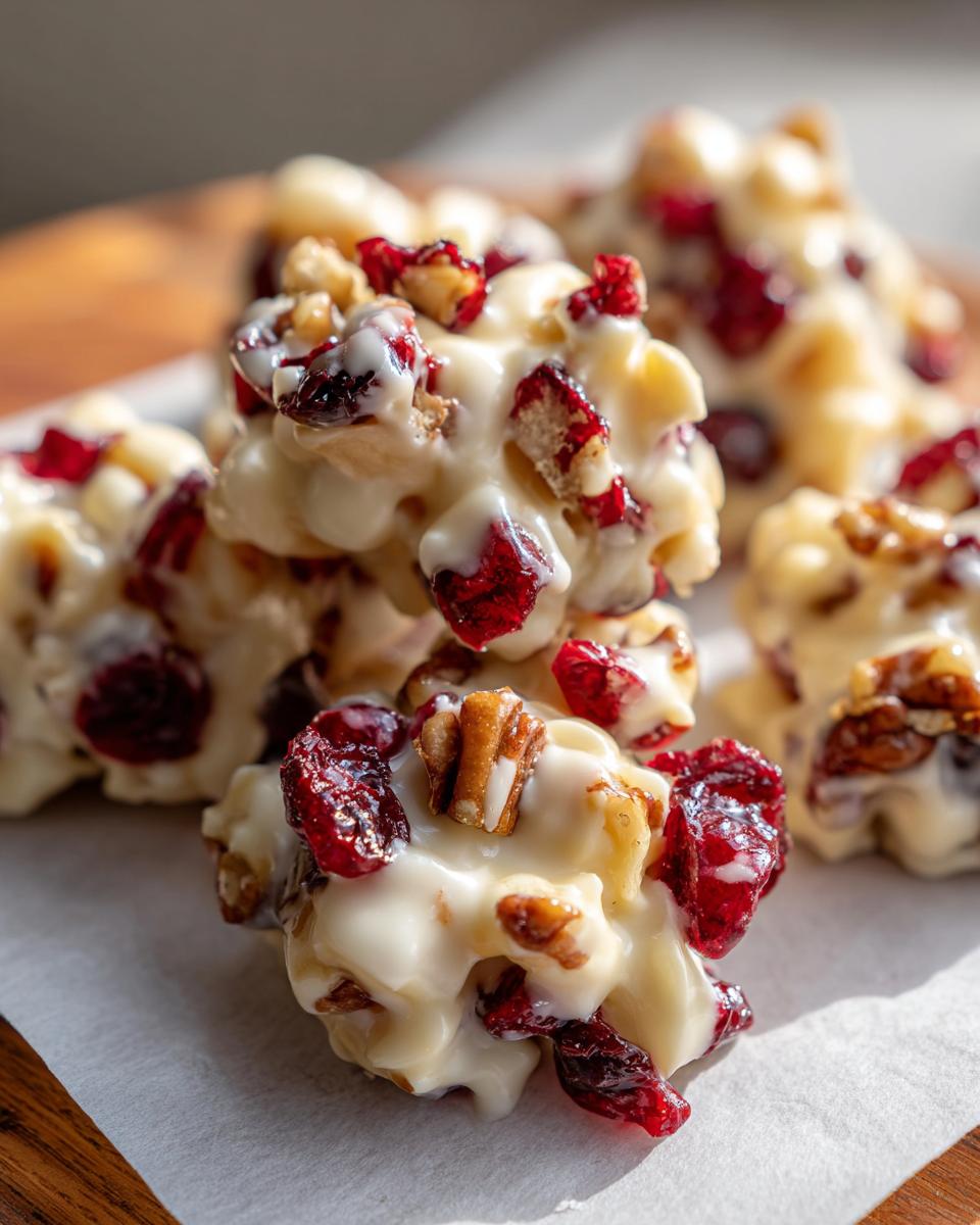 Close-up macro shot of several delicious white chocolate cranberry pecan clusters on parchment paper.