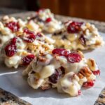 Close-up of delicious White chocolate cranberry pecan clusters set on parchment paper, showing pecans and dried cranberries coated in white chocolate.
