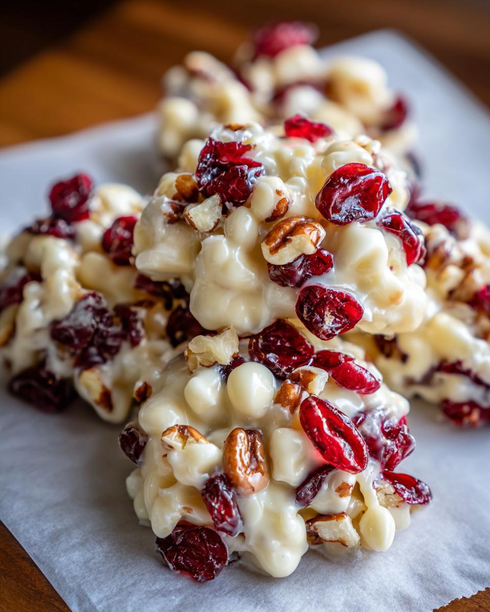 Close-up of several White chocolate cranberry pecan clusters coated in melted white chocolate with visible dried cranberries and chopped pecans.