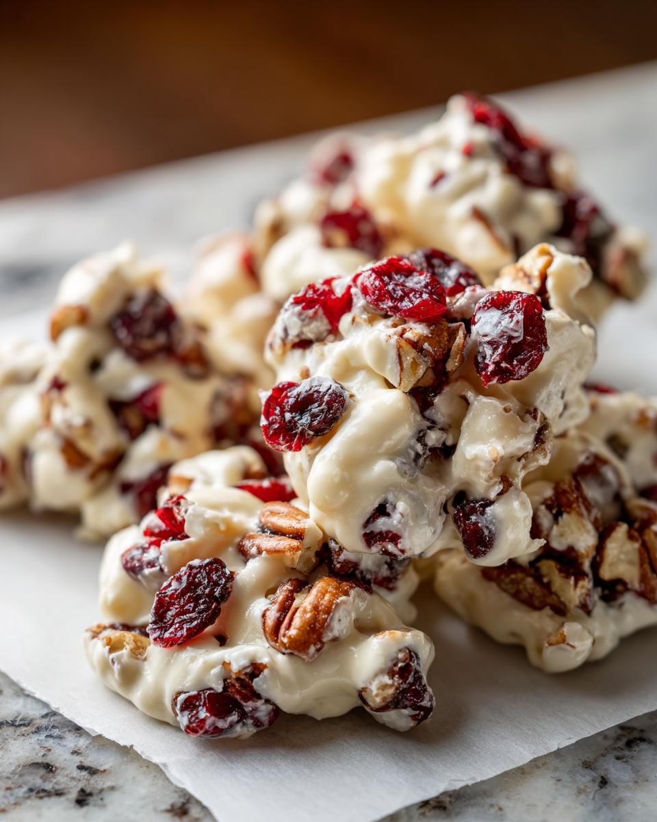 A close-up of several delicious white chocolate cranberry pecan clusters resting on parchment paper.