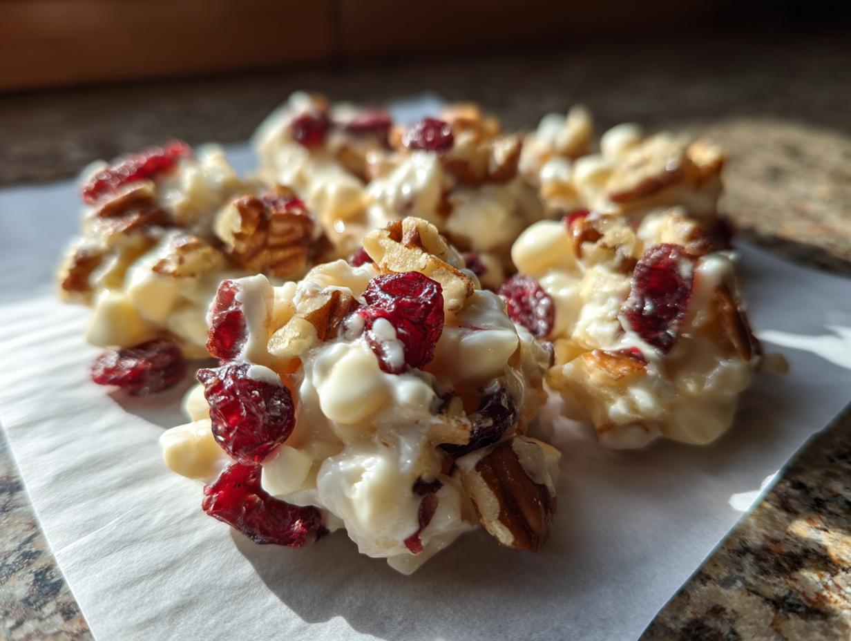 Close-up of several delicious white chocolate cranberry pecan clusters resting on parchment paper.