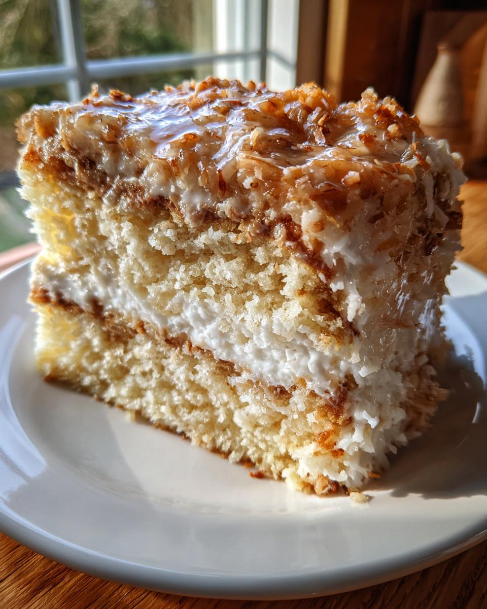 A thick slice of white German Chocolate Cake featuring light cake layers and coconut-pecan frosting, served on a white plate.