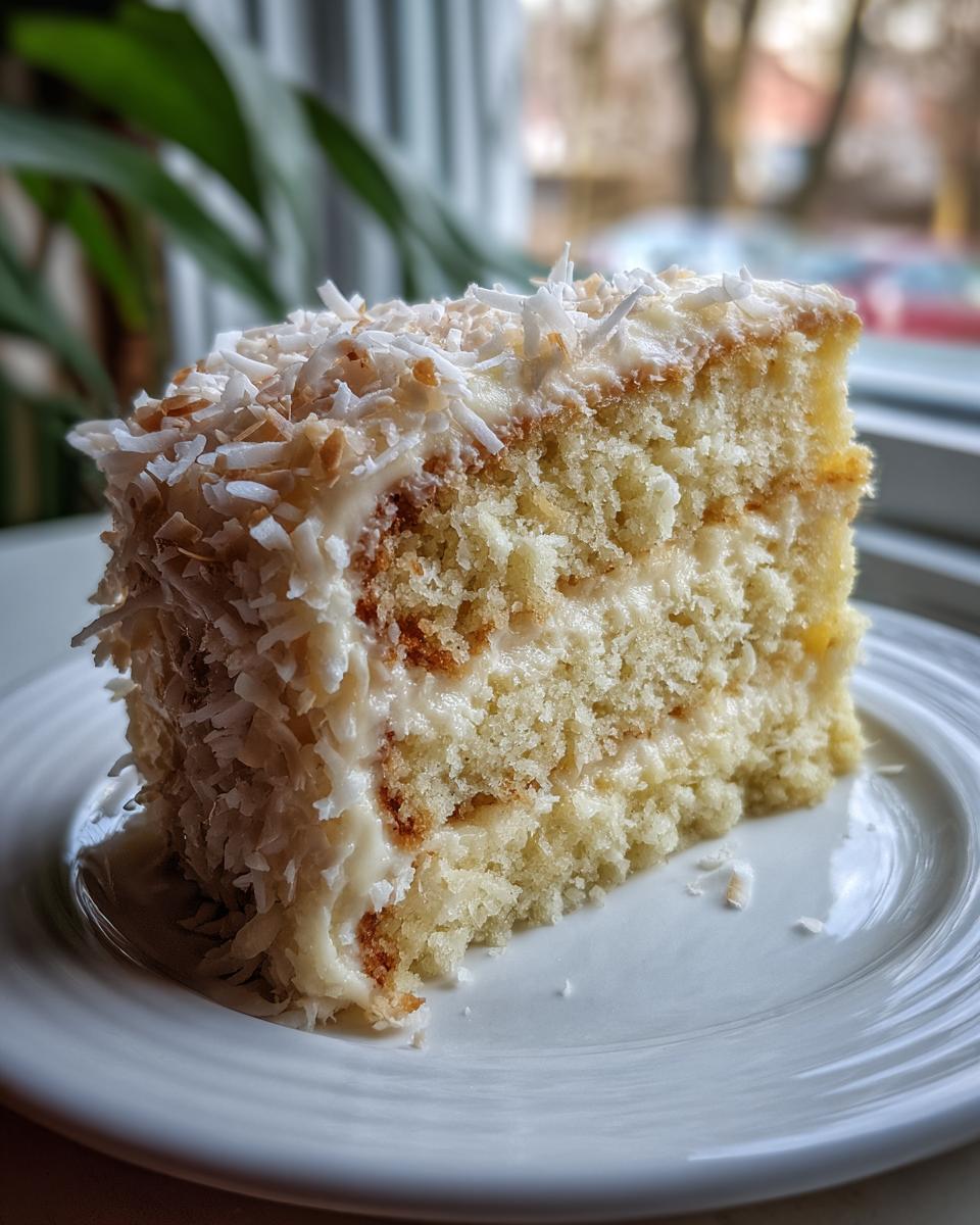 A moist slice of white German chocolate cake layered with coconut frosting and topped with shredded coconut.