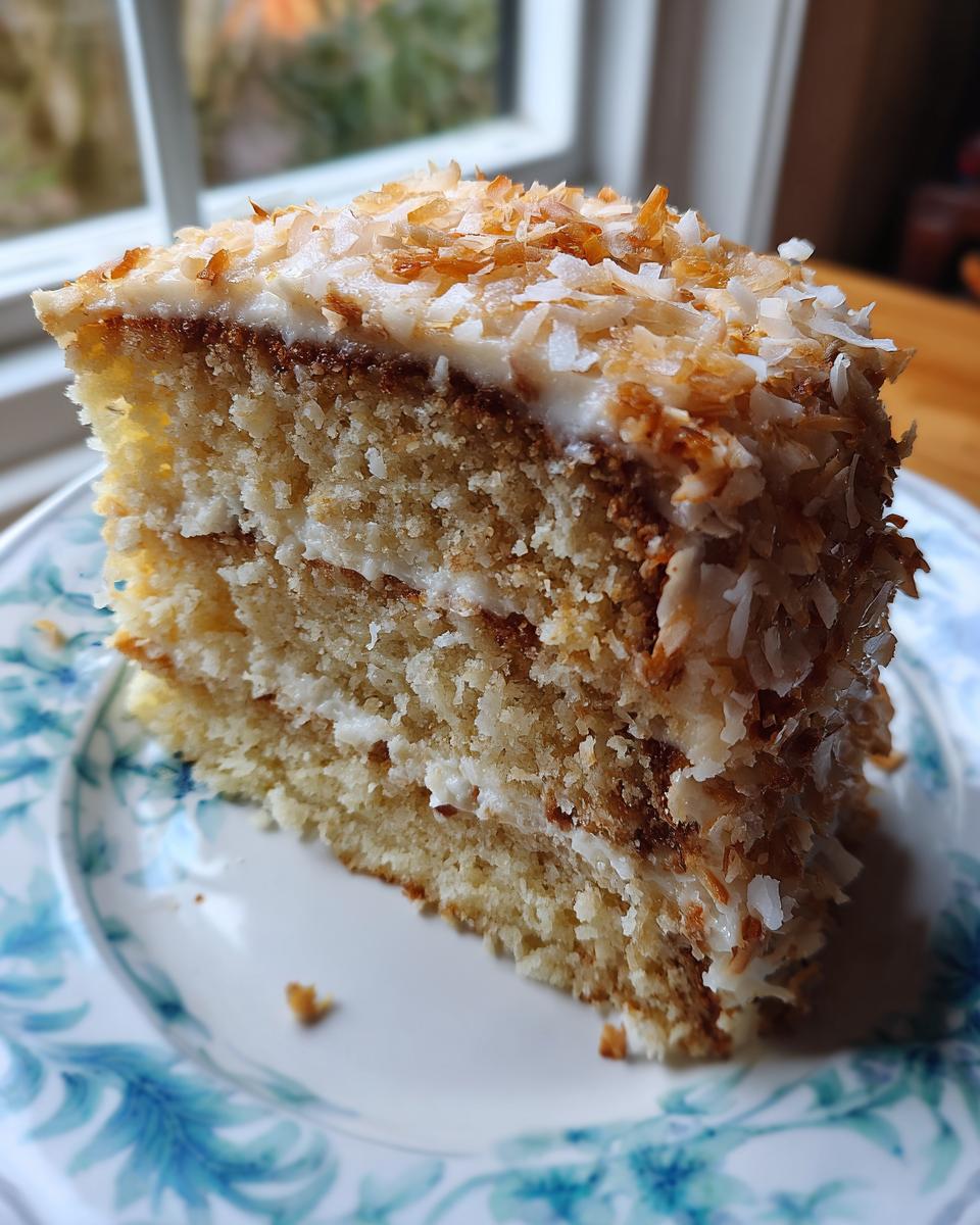 Close-up of a moist slice of white German Chocolate Cake layered with frosting and topped with toasted coconut.