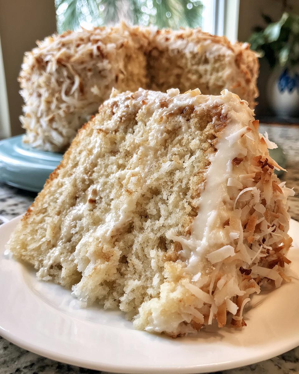 A close-up slice of white German chocolate cake showing the moist crumb and toasted coconut frosting.
