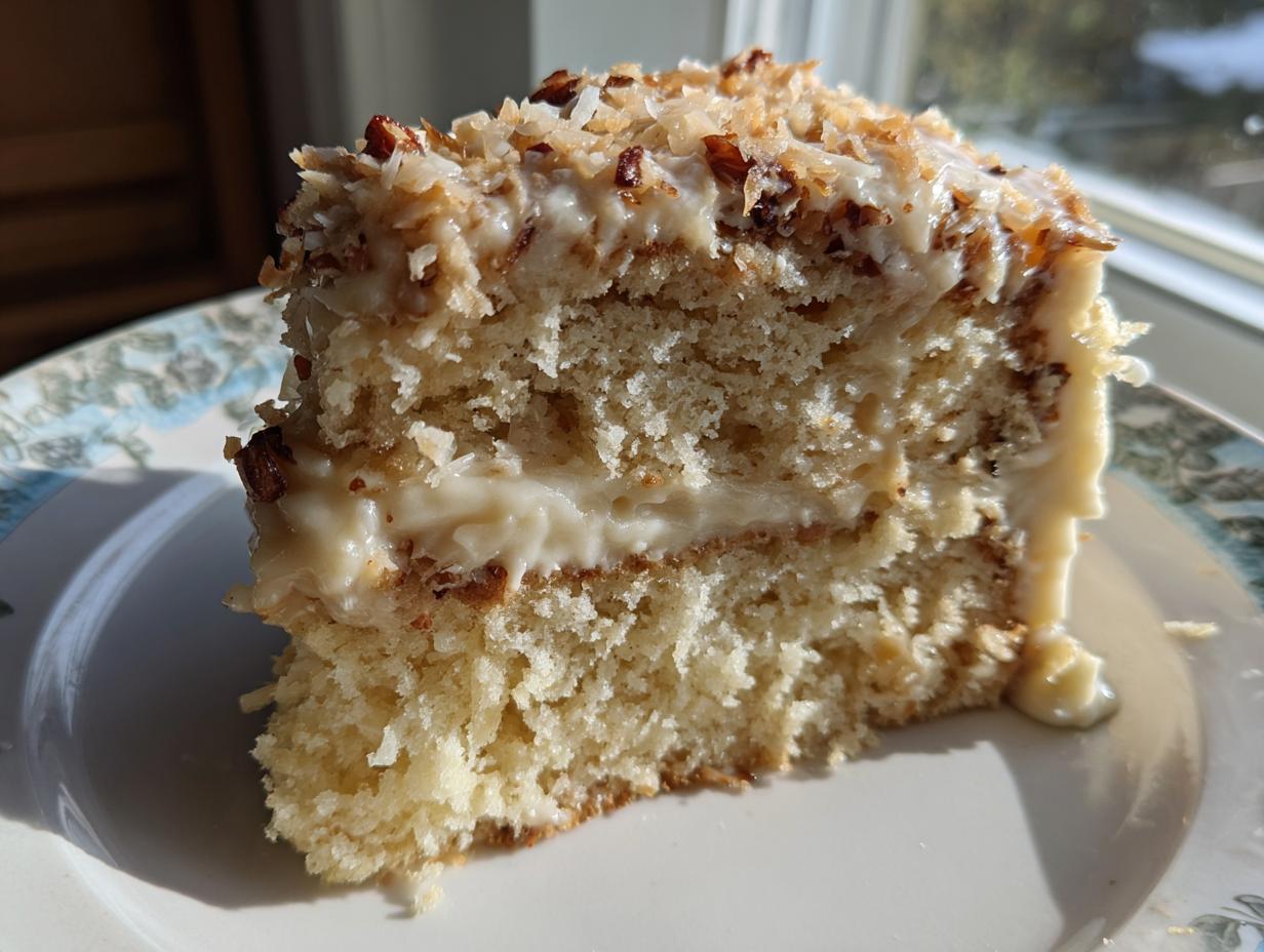 Close-up of a moist slice of white German chocolate cake showing layers and coconut pecan frosting.