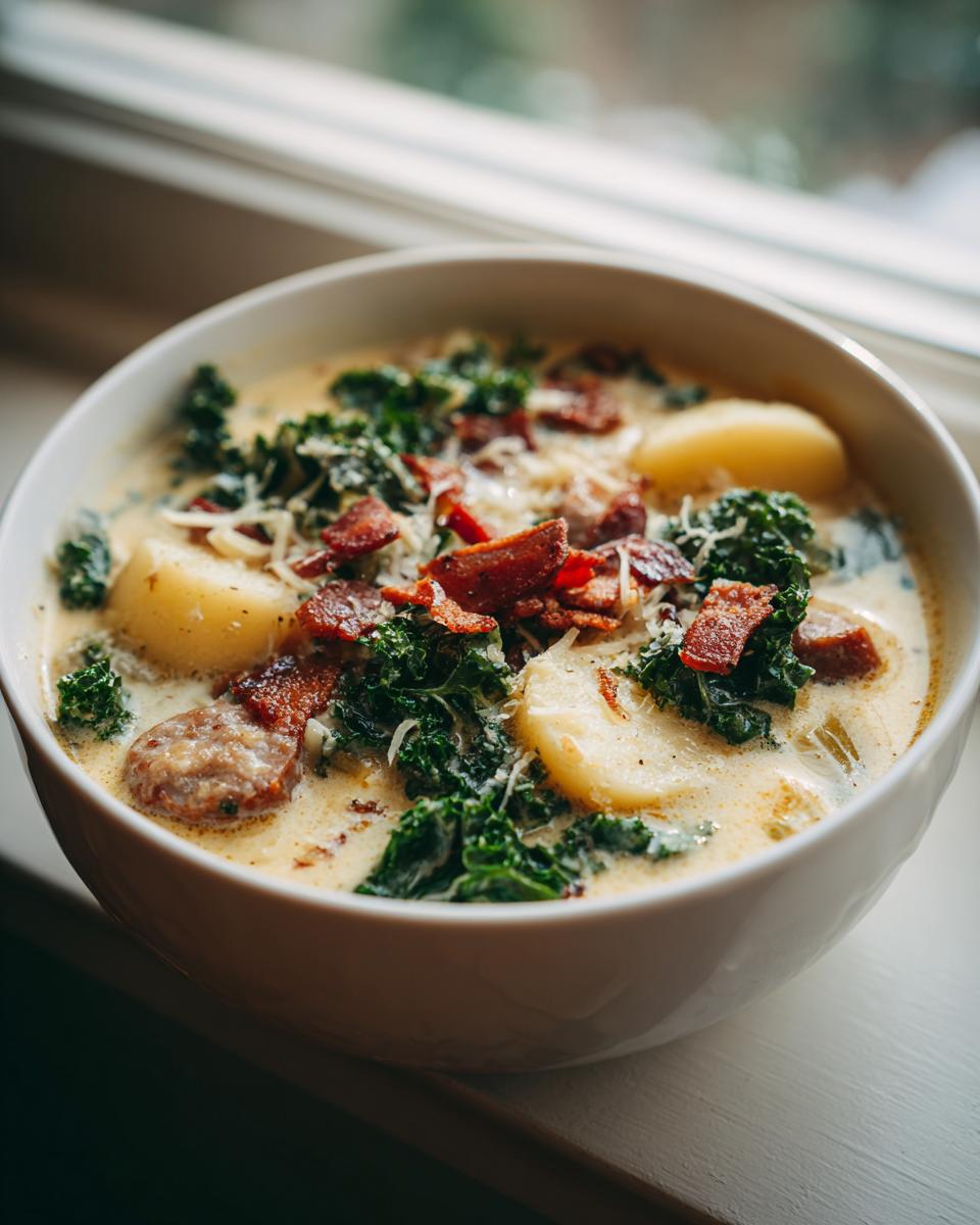 A close-up of a hearty bowl of Zuppa Toscana soup featuring potatoes, sausage, kale, and bacon crumbles.