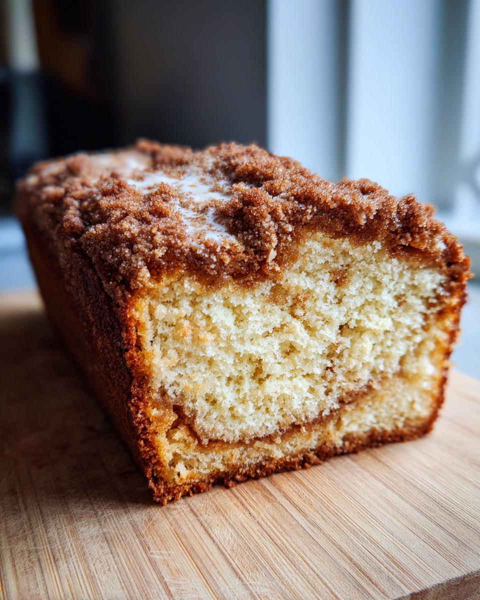 Close-up of a freshly baked coffee cake loaf showing a moist crumb and thick cinnamon streusel topping.