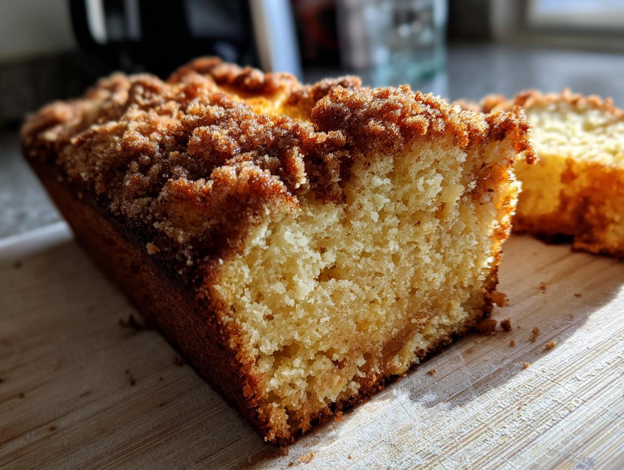 A close-up, sunlit view of a moist slice of coffee cake showing the tender crumb and thick cinnamon streusel topping.