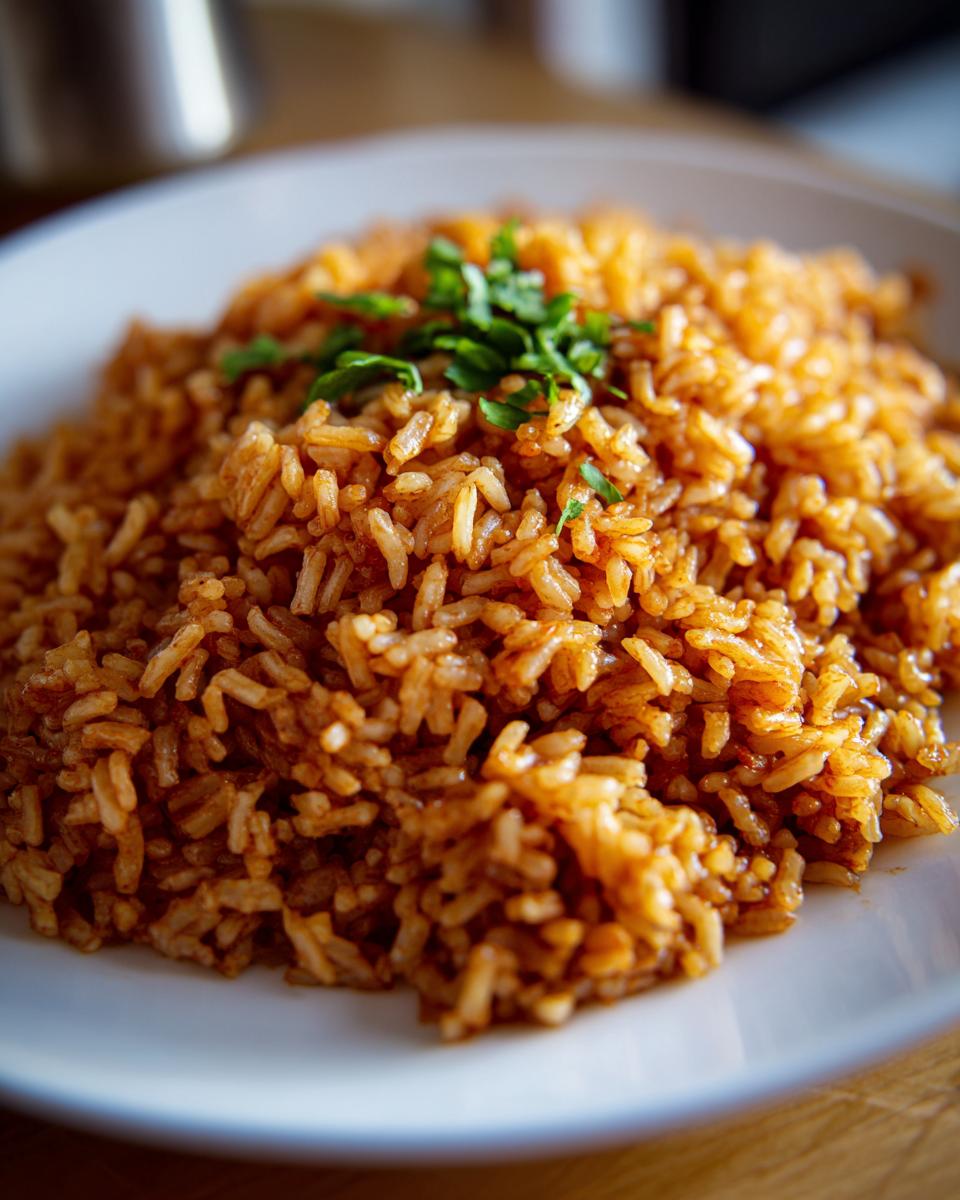 Close-up of a mound of perfectly cooked, reddish-orange Spanish rice garnished with fresh parsley on a white plate.