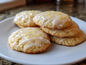A stack of soft, glazed lemon cookies topped with bright yellow lemon zest on a white plate.