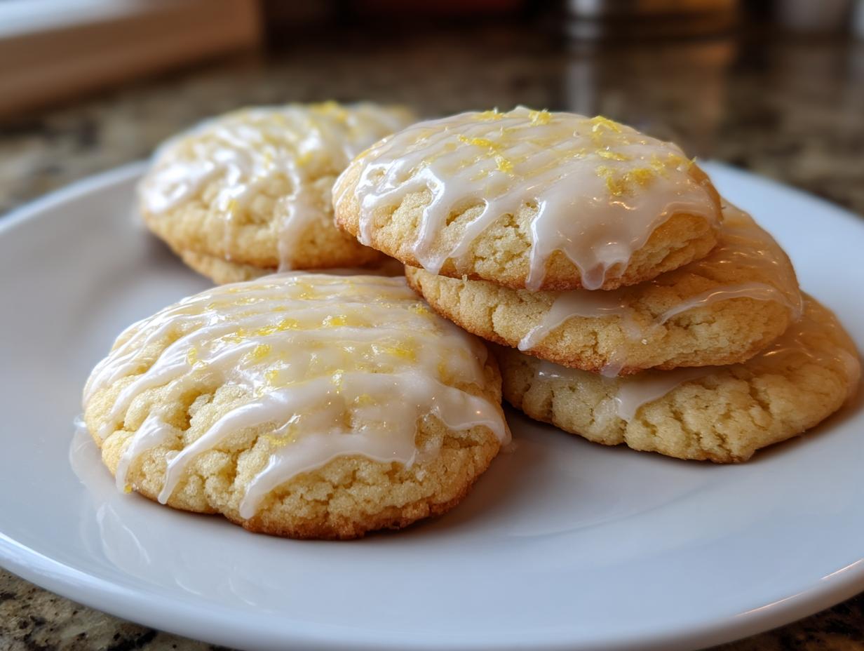 A stack of soft, glazed lemon cookies topped with bright yellow lemon zest on a white plate.