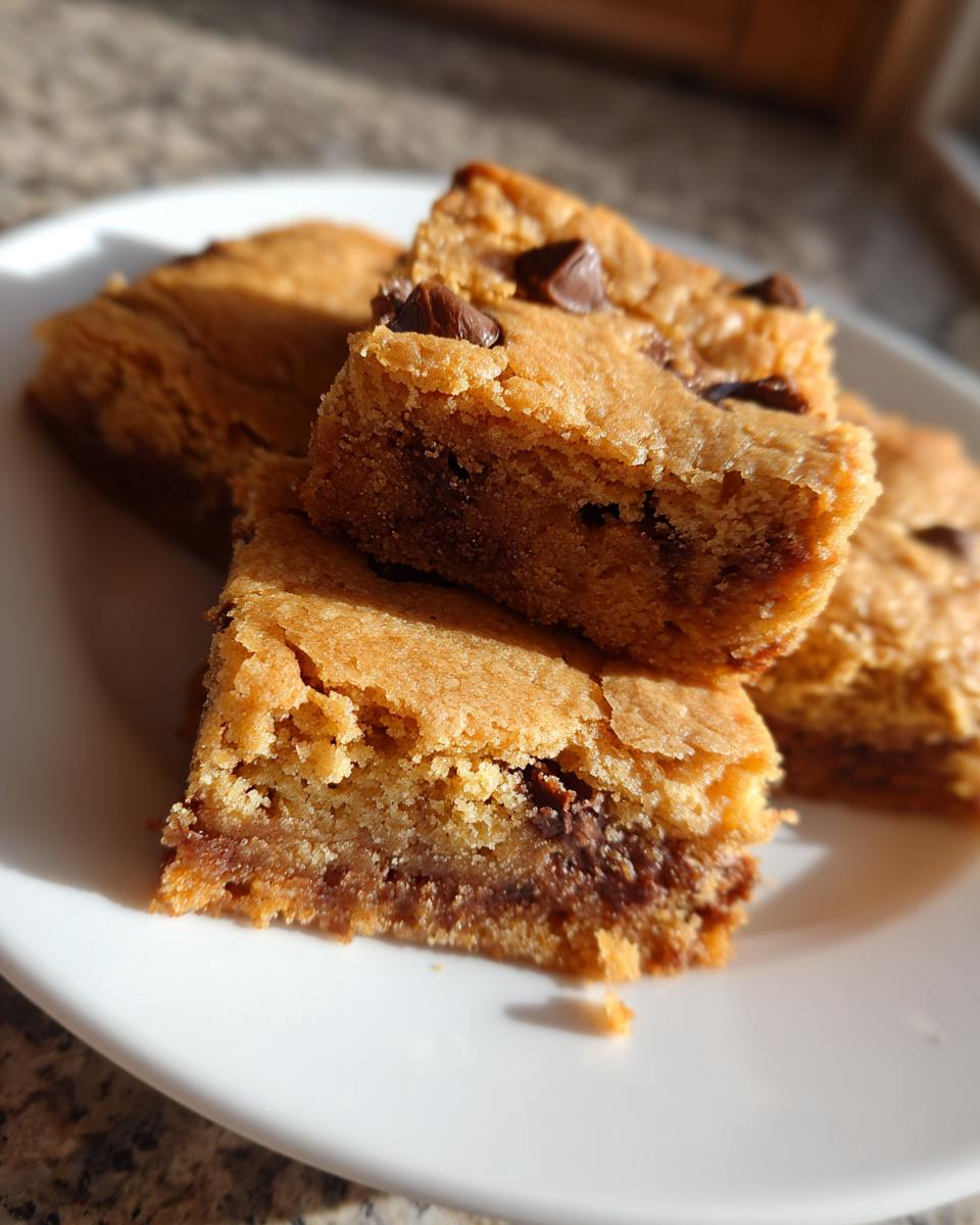 Close-up of several rich, golden brown cake mix cookie bars stacked on a white plate, featuring visible chocolate chips.