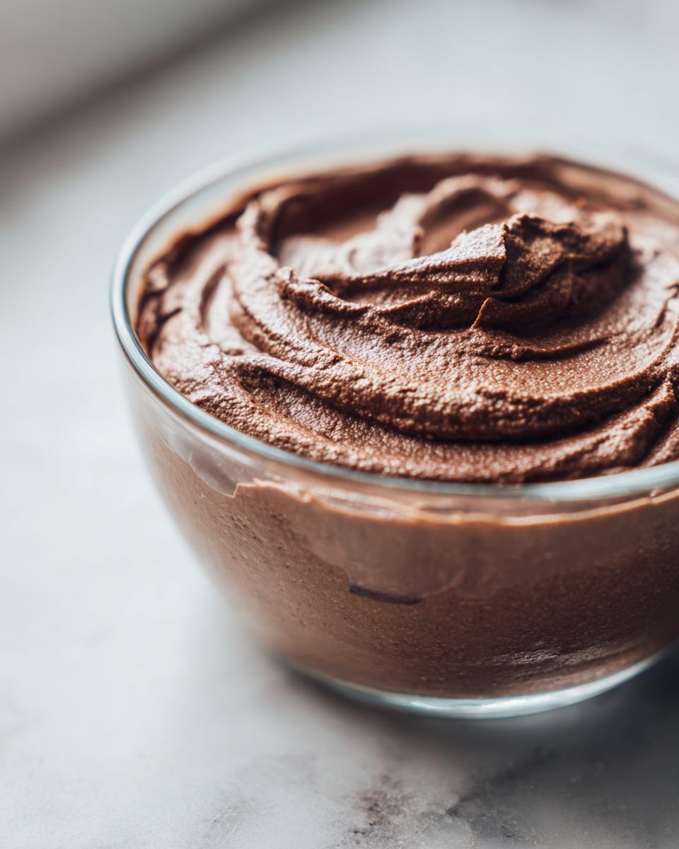 Close-up of rich, airy chocolate mousse swirled in a clear glass bowl on a white marble surface.
