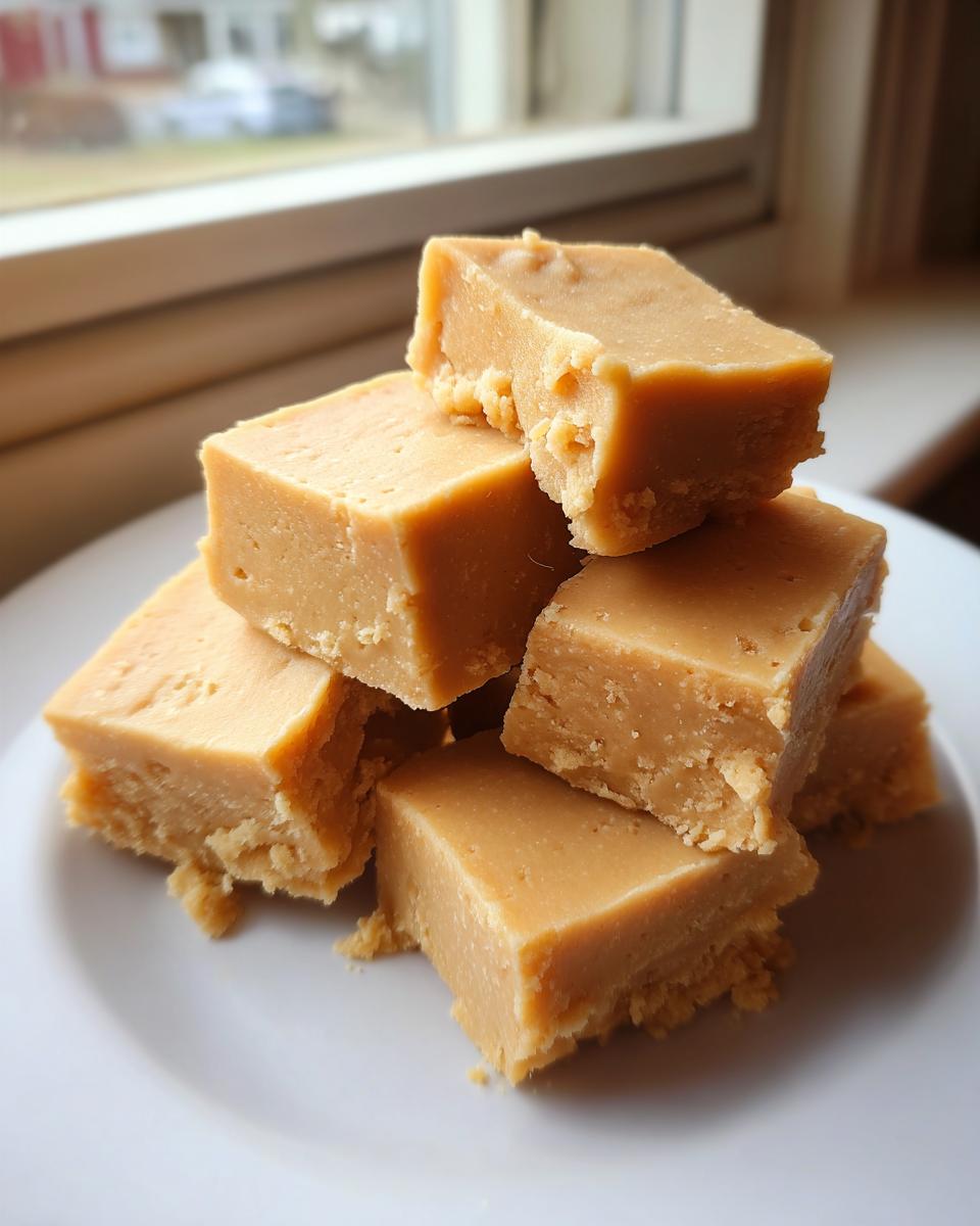 A stack of creamy, light brown maple fudge squares resting on a white plate near a window.