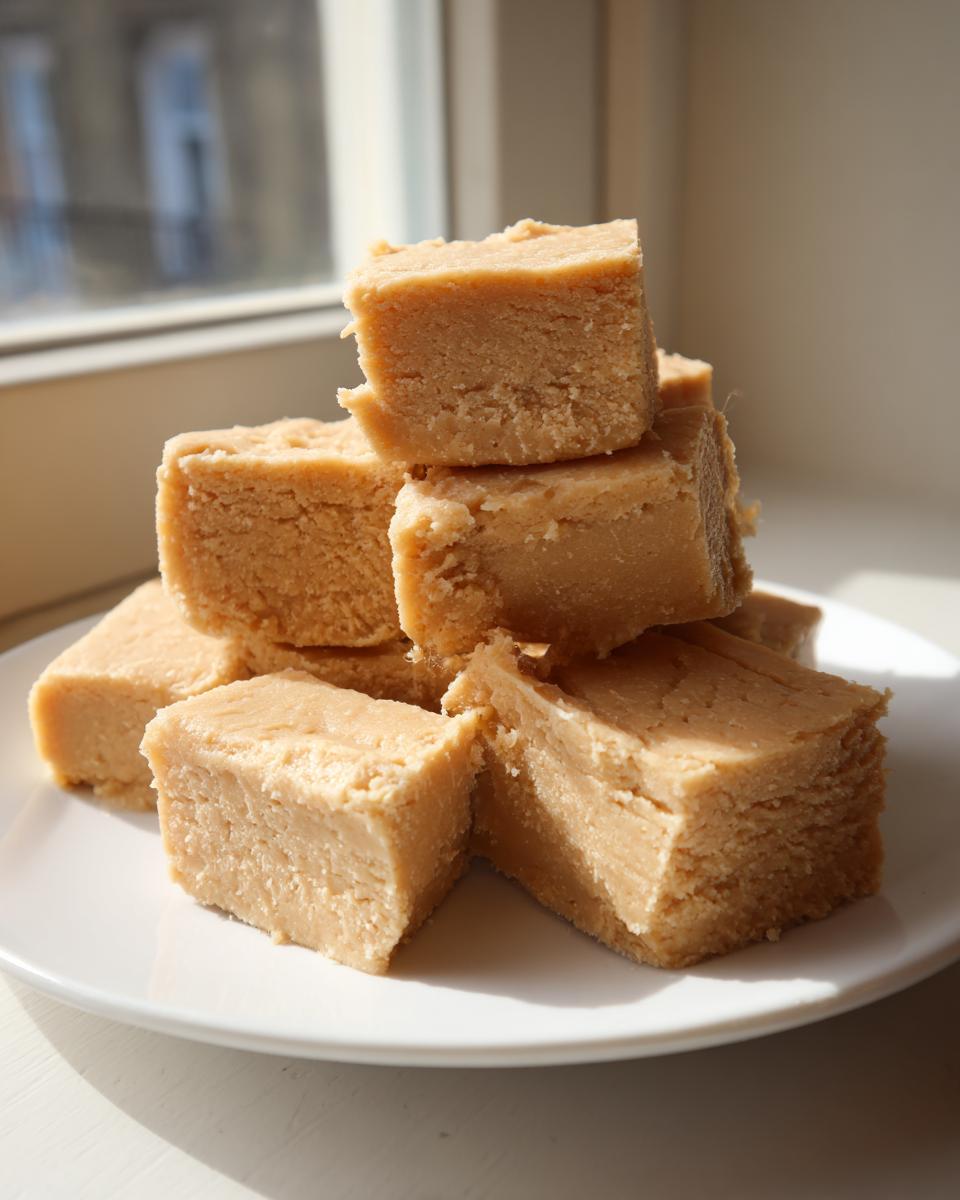 A stack of light brown, creamy maple fudge squares piled on a white plate near a window.