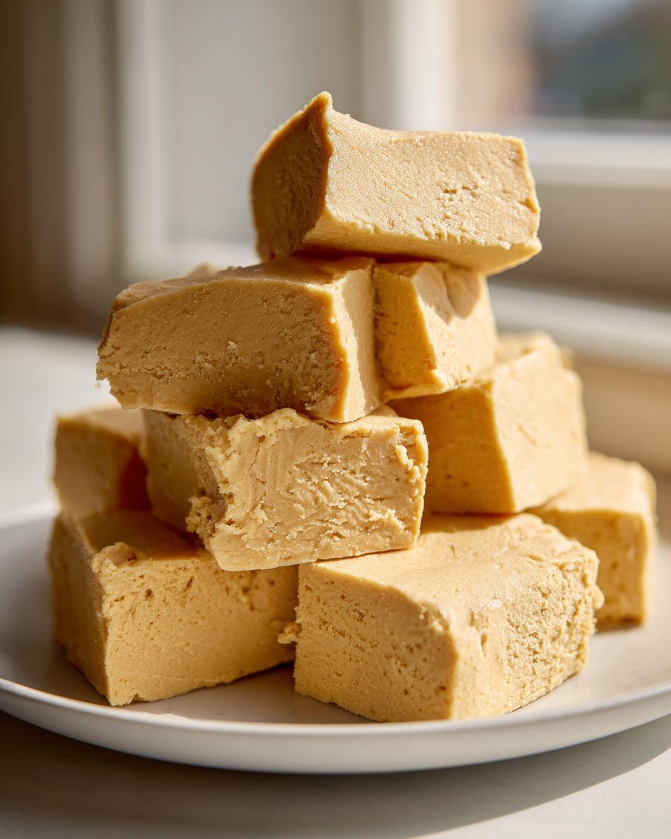 A tall stack of creamy, light brown maple fudge squares piled on a white plate near a window.