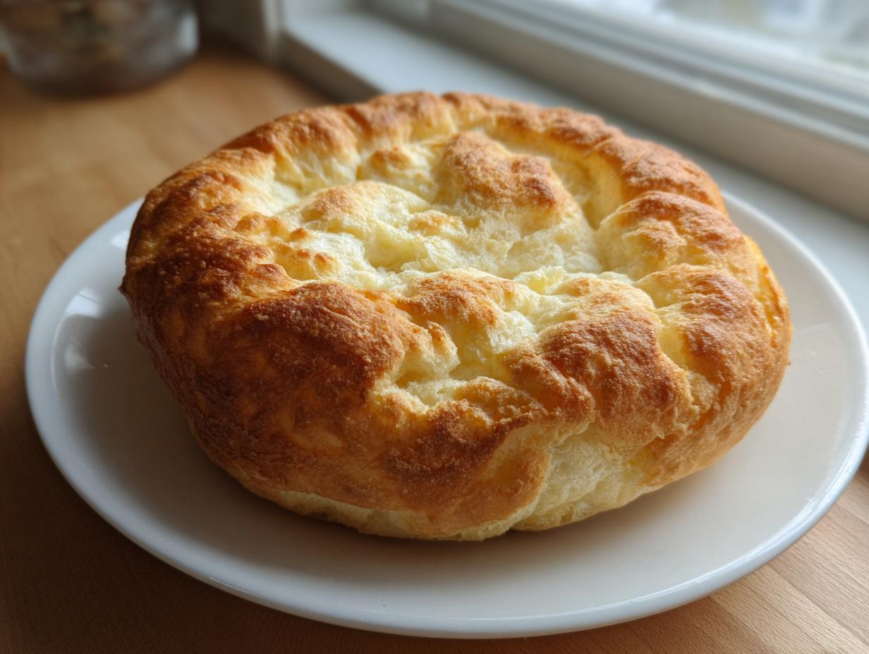 A golden brown, fluffy, round piece of cloud bread sitting on a white plate near a window.