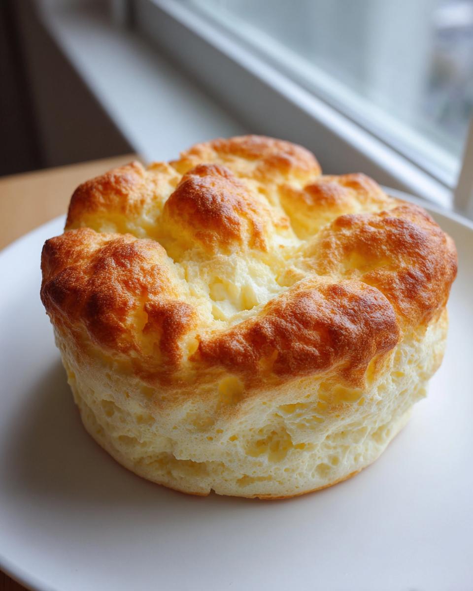 A single, fluffy, golden-brown cloud bread serving resting on a white plate near a window.