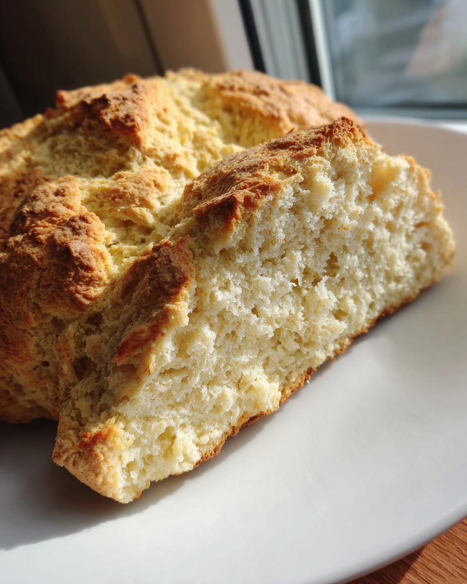 Close-up of a freshly baked slice of soda bread showing its soft, white crumb and golden crust.