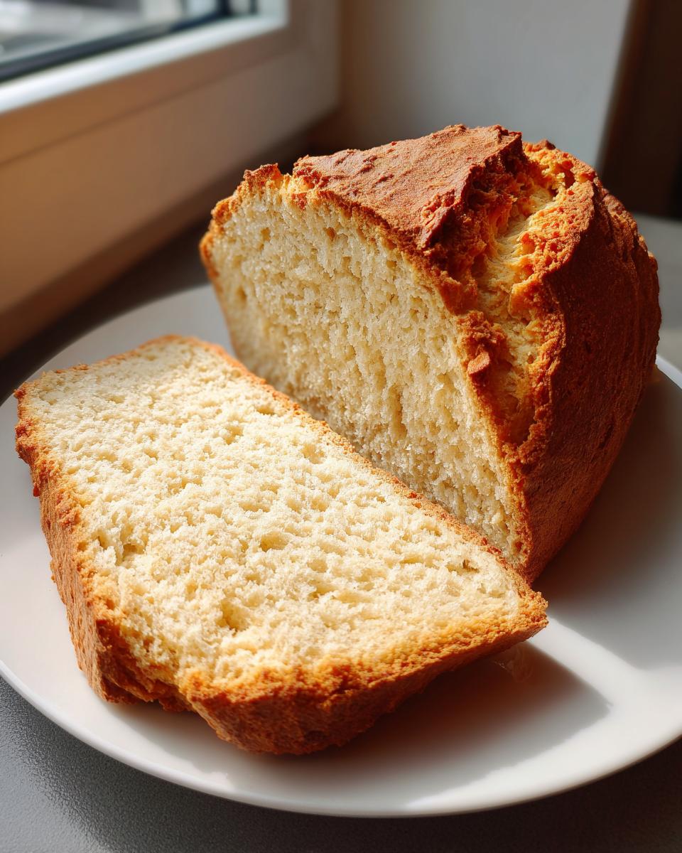 A rustic loaf of golden brown soda bread, cut to show the soft, airy interior crumb.