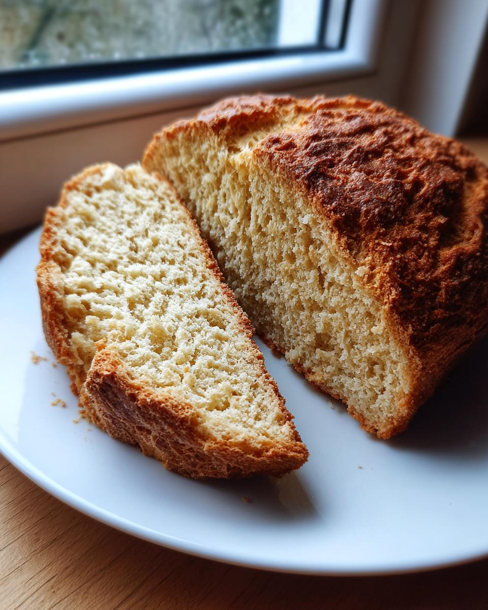 A round loaf of golden-brown soda bread, sliced open to show the soft interior, resting on a white plate.