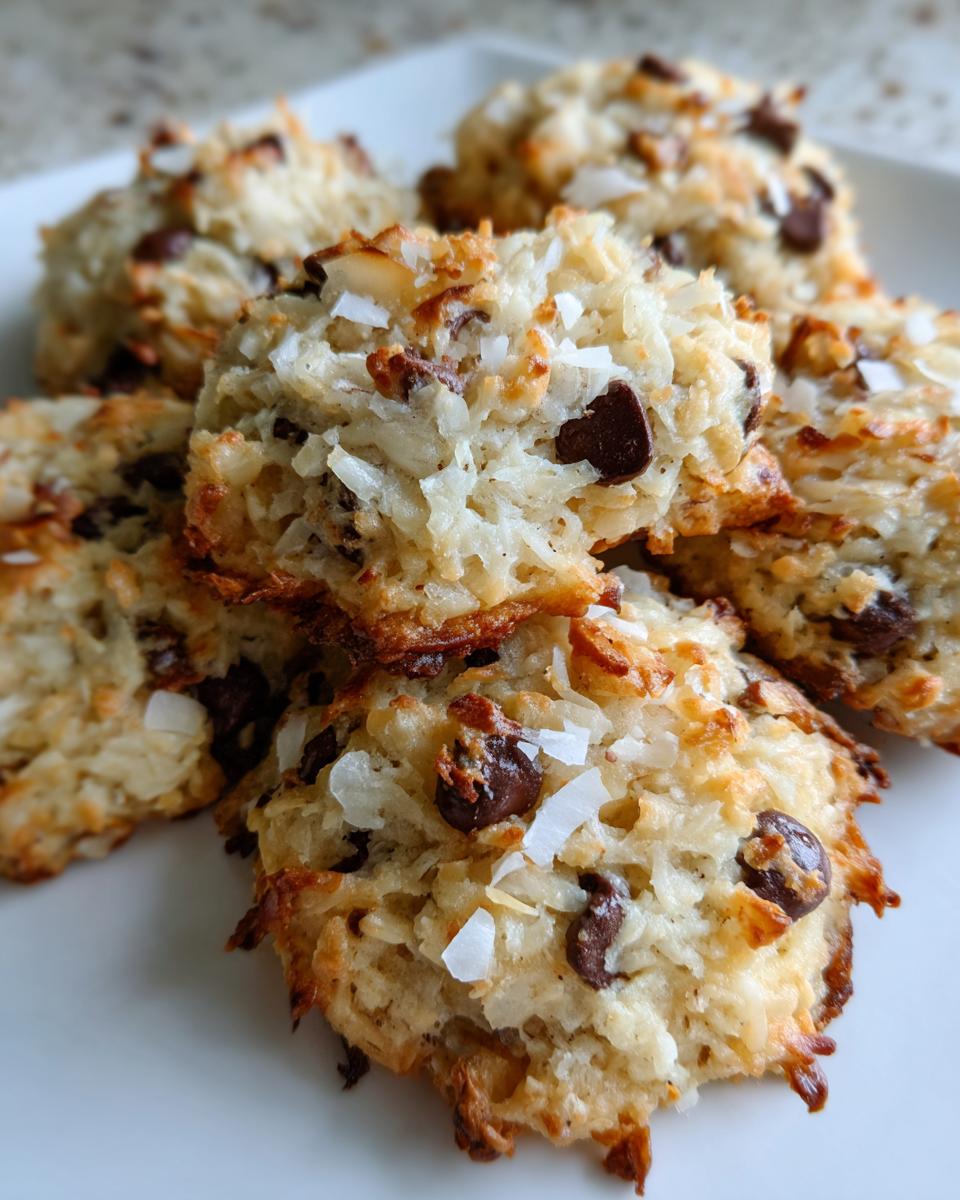 A close-up stack of golden brown almond joy cookies loaded with coconut flakes and chocolate chips.