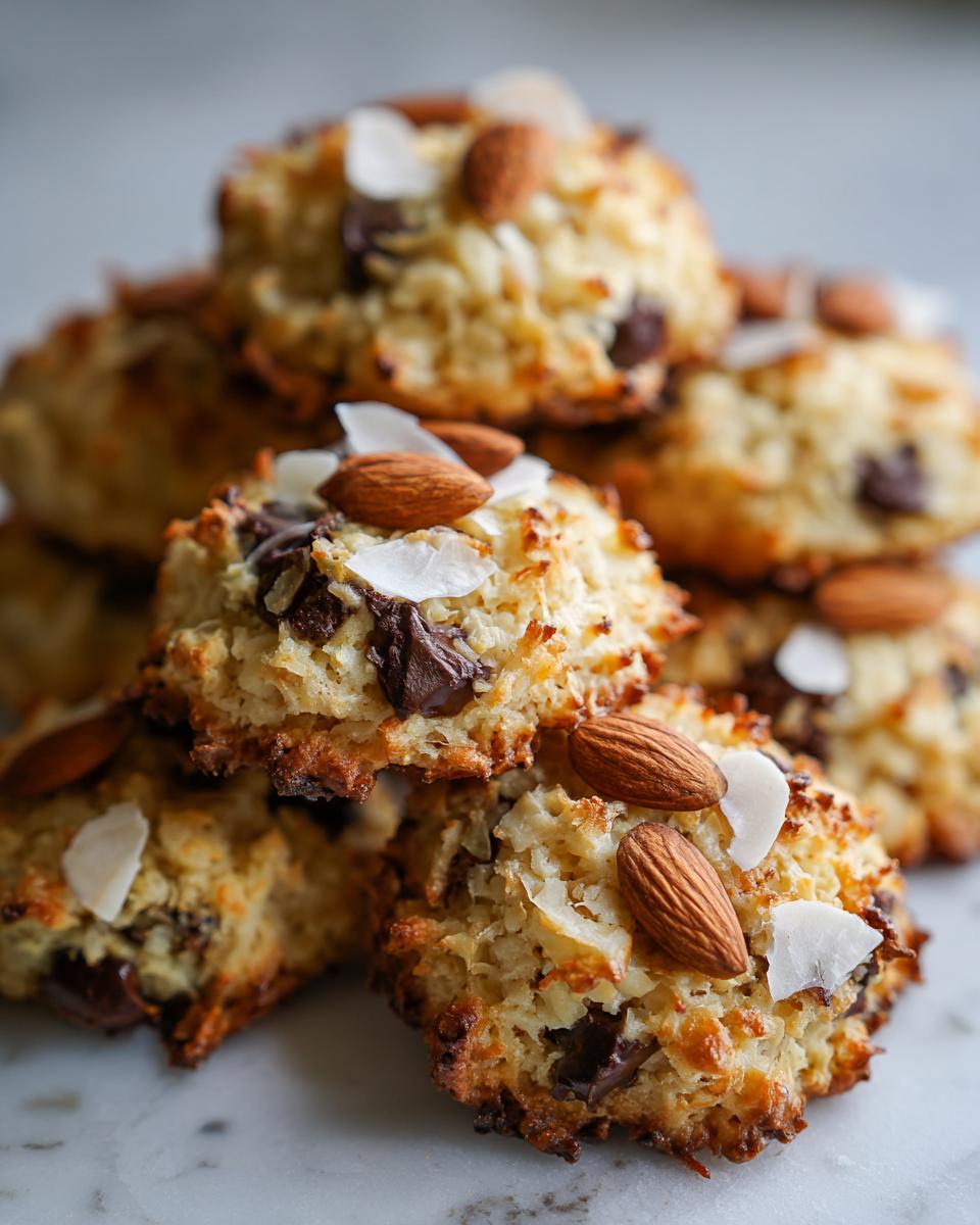 A close-up stack of freshly baked almond joy cookies topped with whole almonds and coconut flakes.
