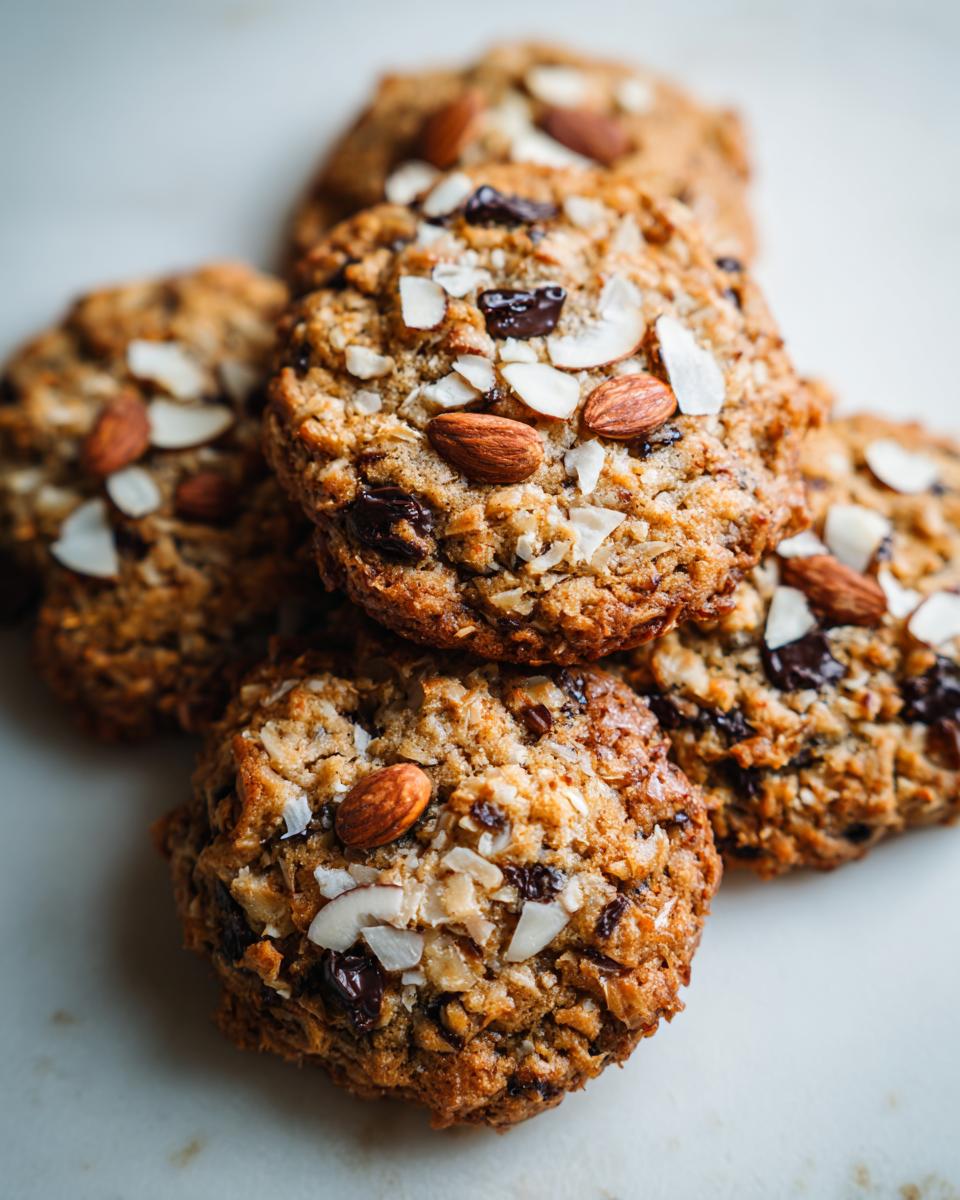 A stack of freshly baked almond joy cookies topped with whole almonds, sliced almonds, and coconut flakes.