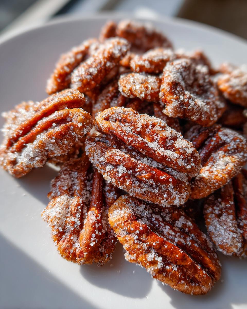 A close-up shot of freshly made candied pecans heavily coated in sparkling sugar crystals on a white plate.