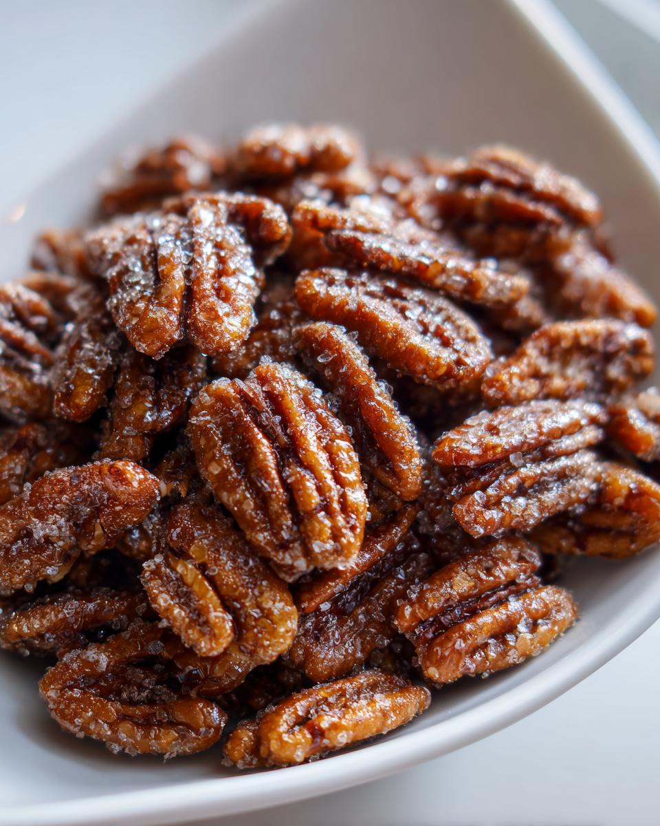 A close-up shot of glossy, brown candied pecans coated in visible sugar crystals, served in a white bowl.