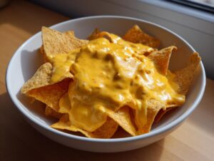 A white bowl filled with tortilla chips generously smothered in bright orange nacho cheese sauce.
