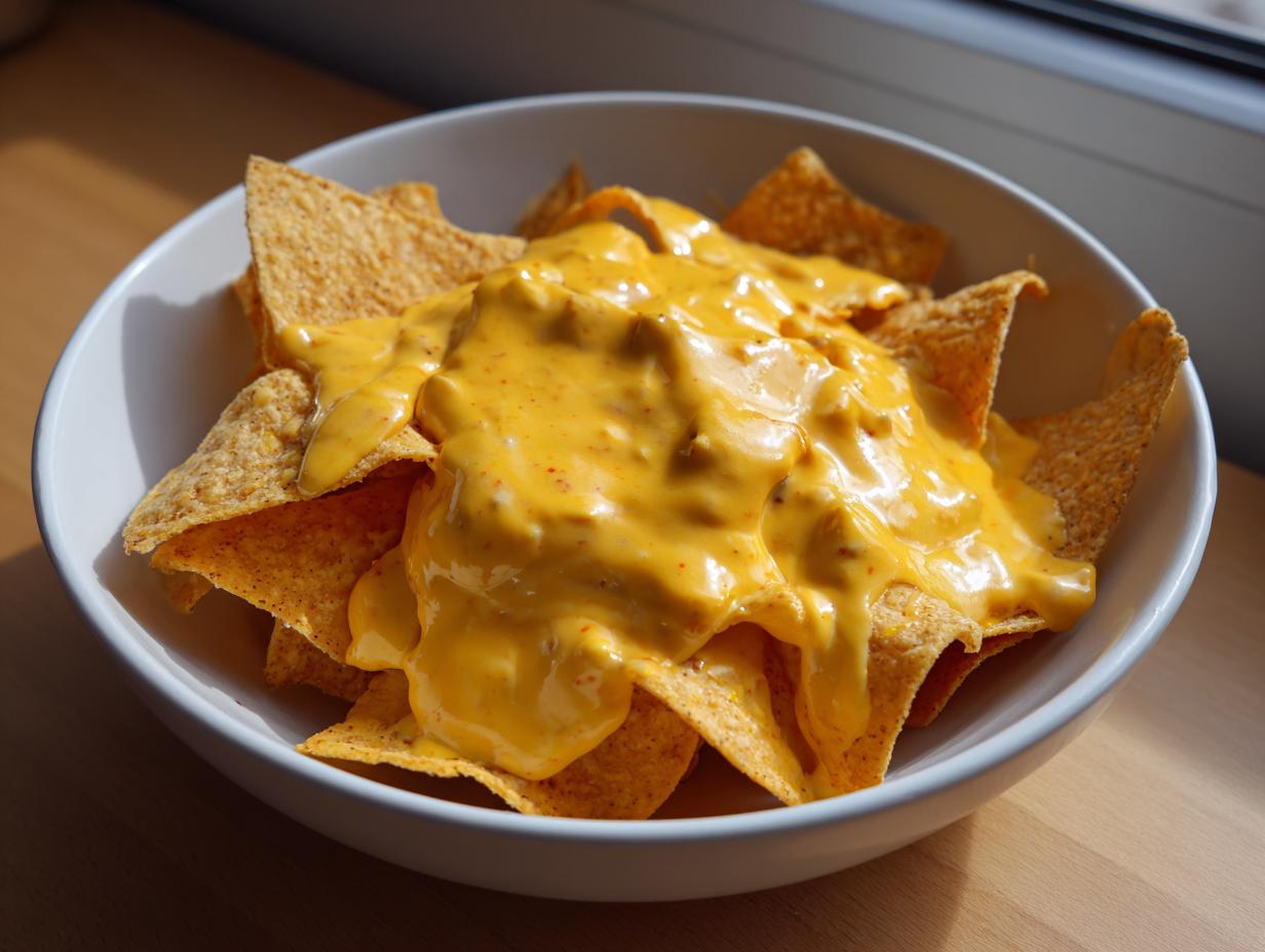 A white bowl filled with tortilla chips generously smothered in bright orange nacho cheese sauce.