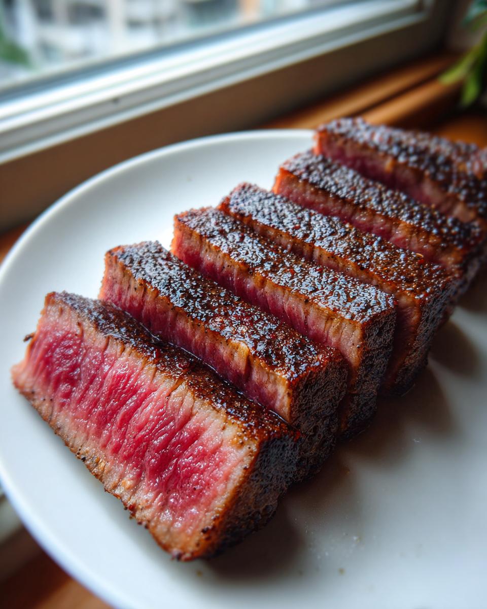Close-up of perfectly seared and sliced medium-rare tuna steak on a white plate.
