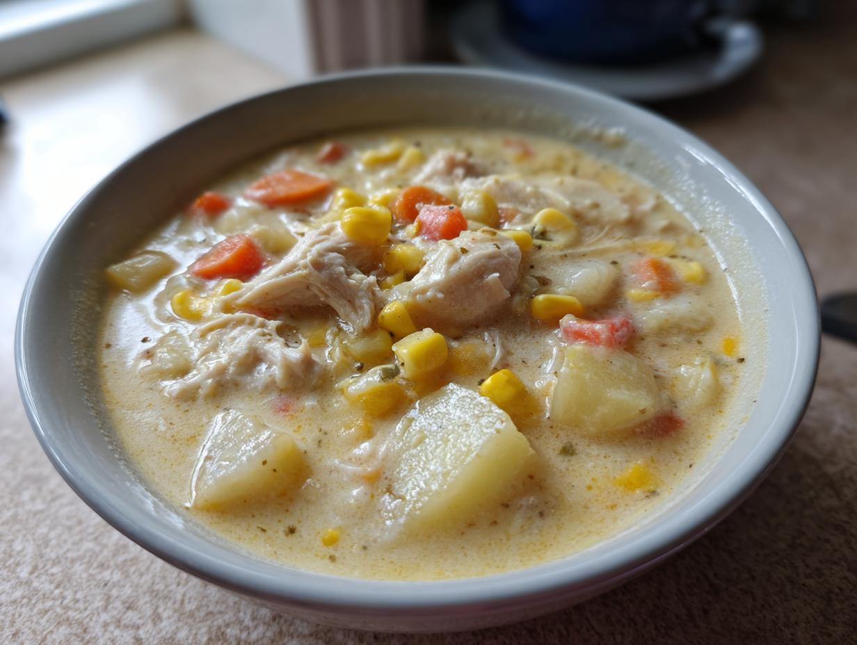 Close-up of a creamy bowl of chicken corn chowder filled with potatoes, corn, carrots, and shredded chicken.