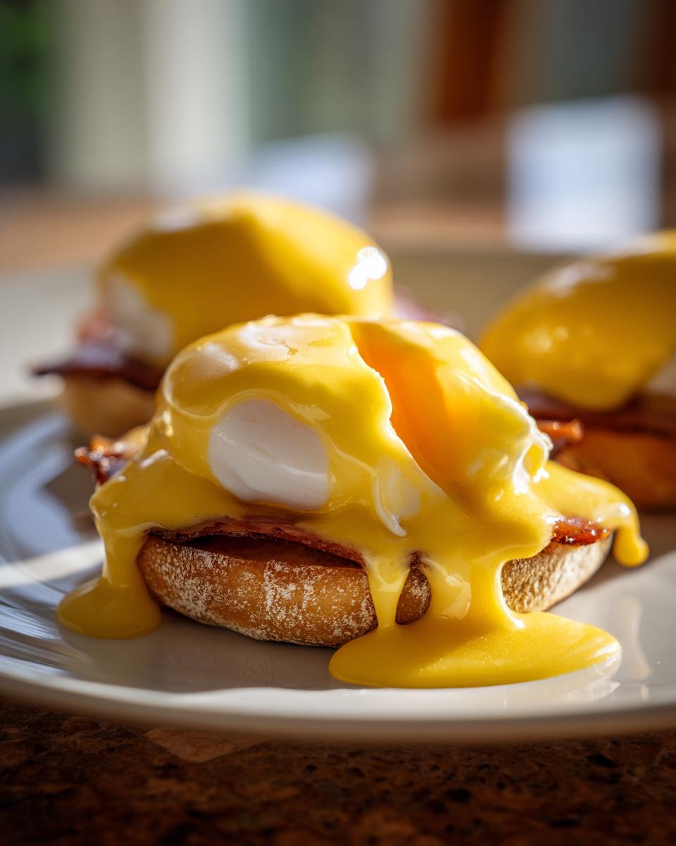 Close-up of perfectly poached eggs benedict on an English muffin, covered in rich hollandaise sauce with a runny yolk spilling out.
