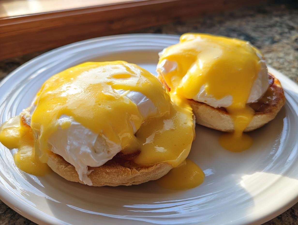 Two servings of eggs benedict with perfectly poached eggs and rich hollandaise sauce on English muffins.