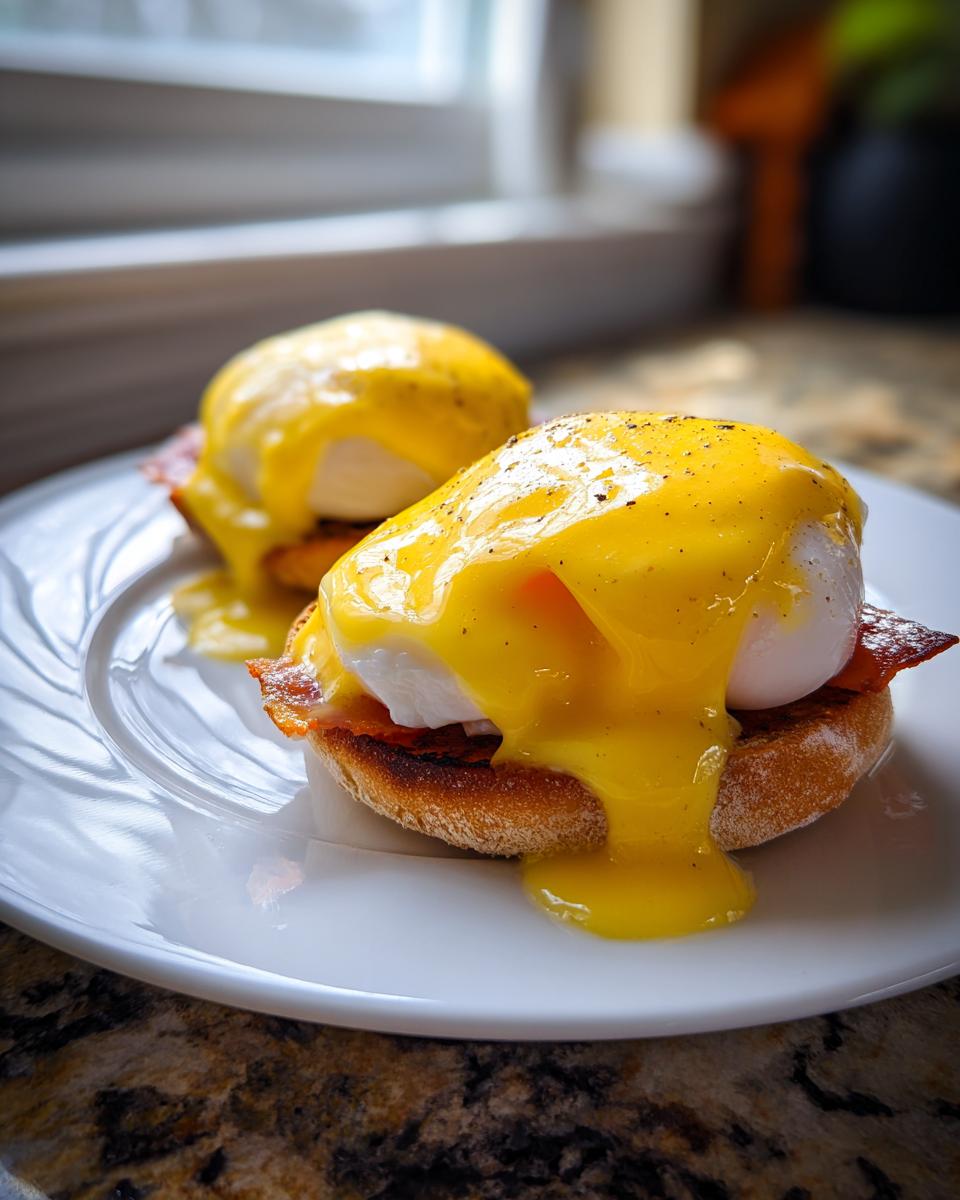 Two servings of eggs benedict drizzled generously with bright yellow hollandaise sauce, resting on a white plate.