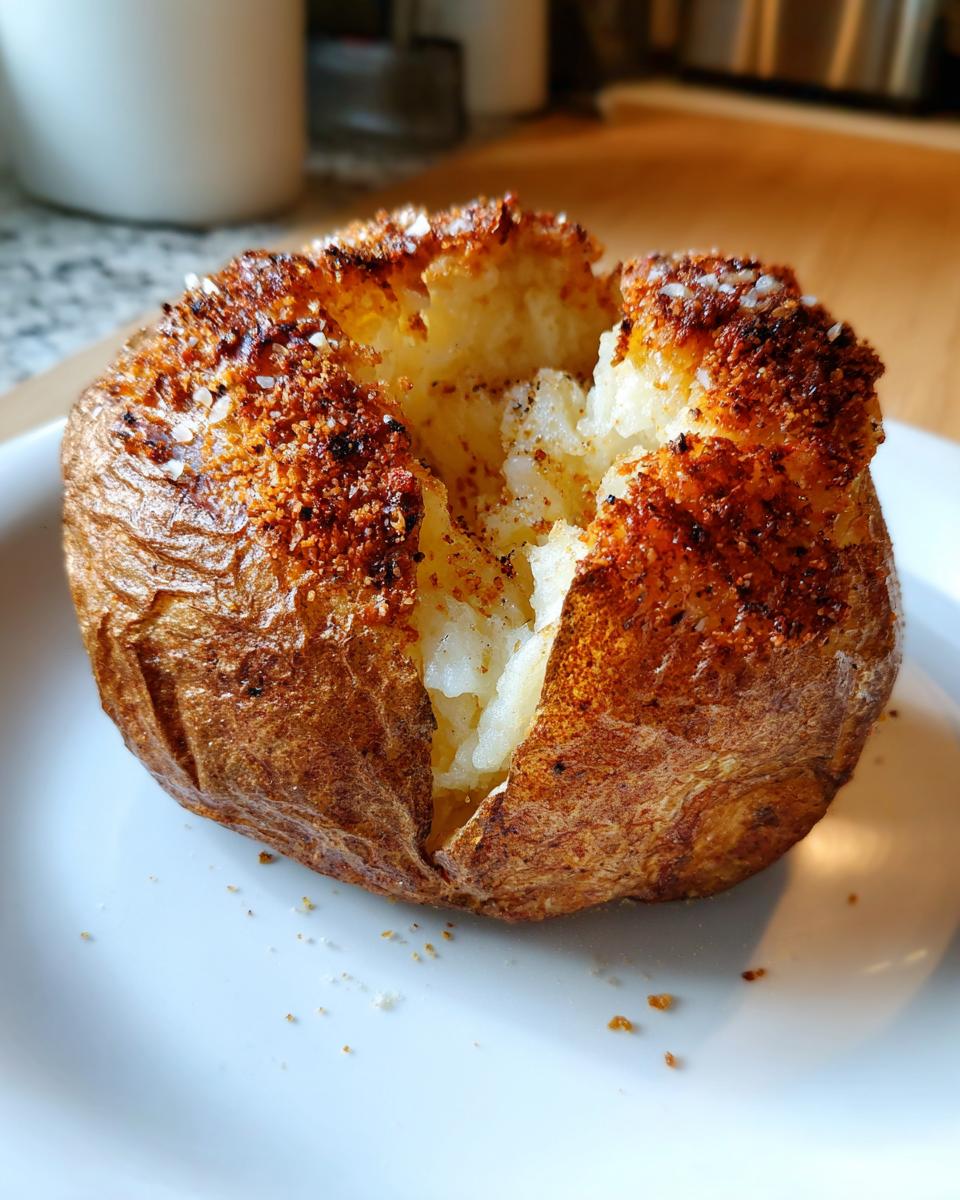 A close-up of a perfectly cooked air fryer baked potato with a split top showing fluffy white interior and crispy, seasoned skin.