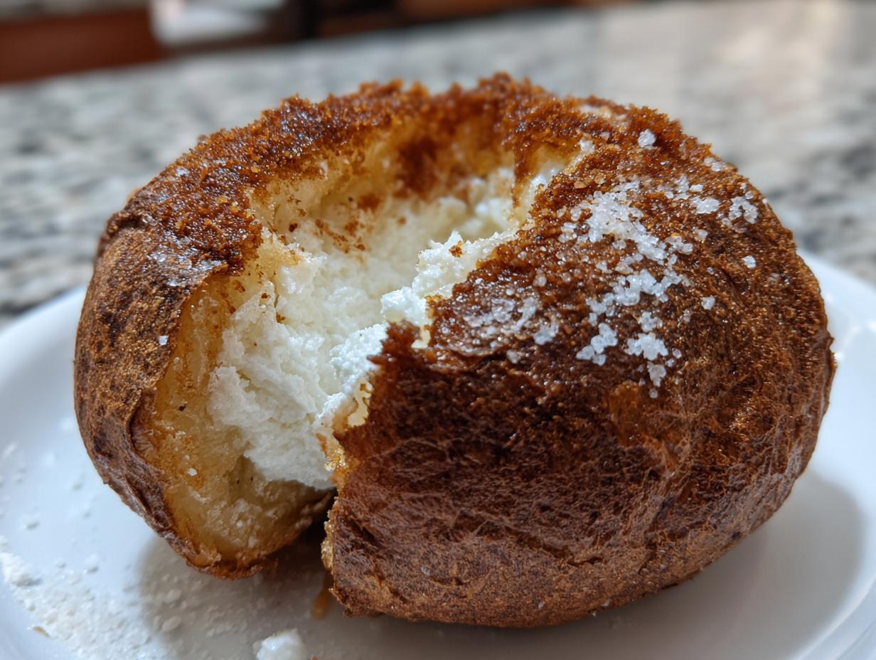 Close-up of a perfectly cooked air fryer baked potato with a dark, crispy skin topped with coarse salt crystals and fluffy white interior.