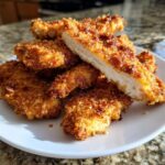 A stack of golden brown, crispy air fryer chicken tenders, with one piece cut in half showing the white, juicy interior.