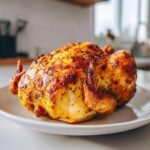 A golden brown, crispy-skinned air fryer whole chicken resting on a white plate.