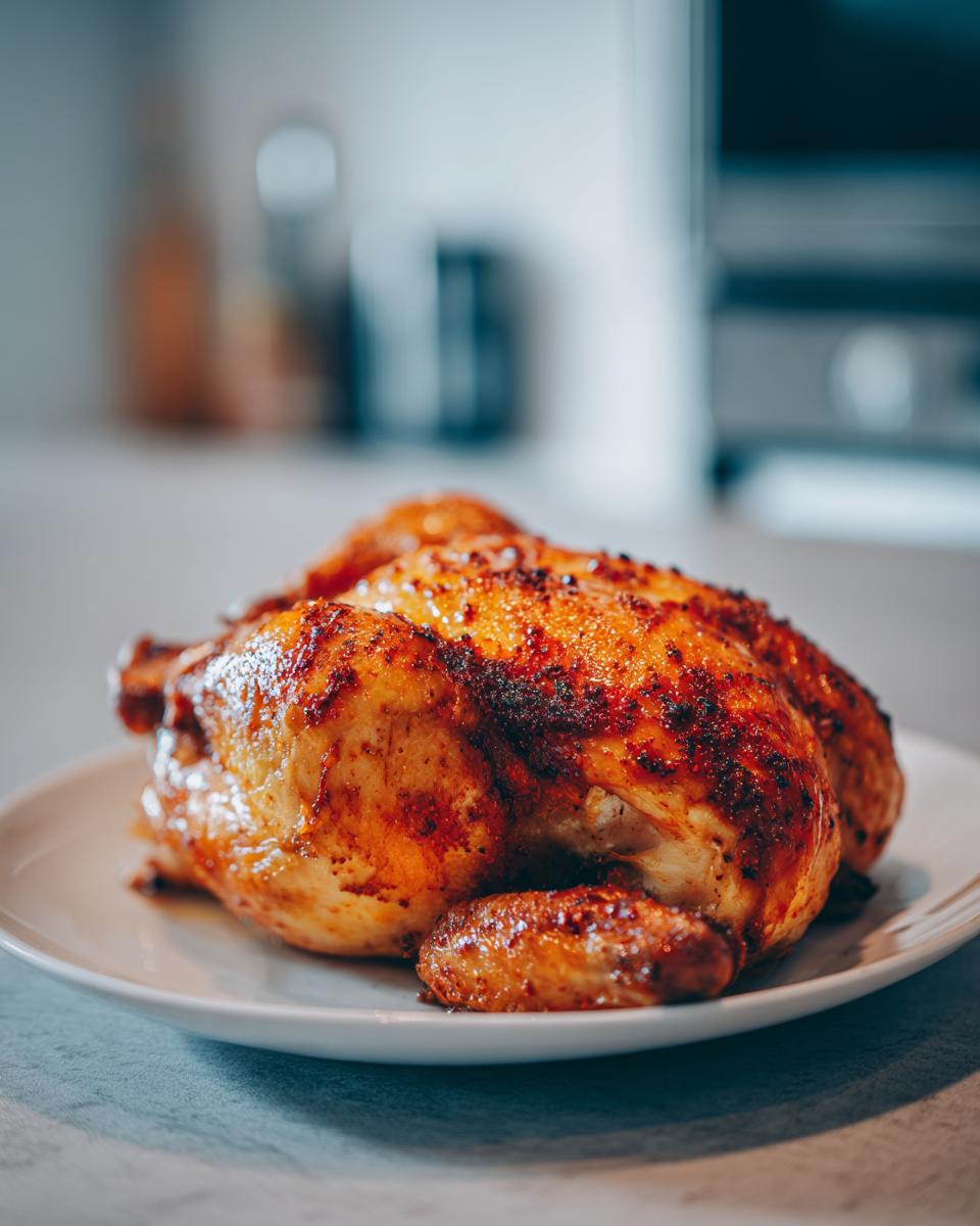 A whole roasted chicken with crispy, golden-brown skin resting on a white plate, ready to serve after being cooked as an air fryer whole chicken.